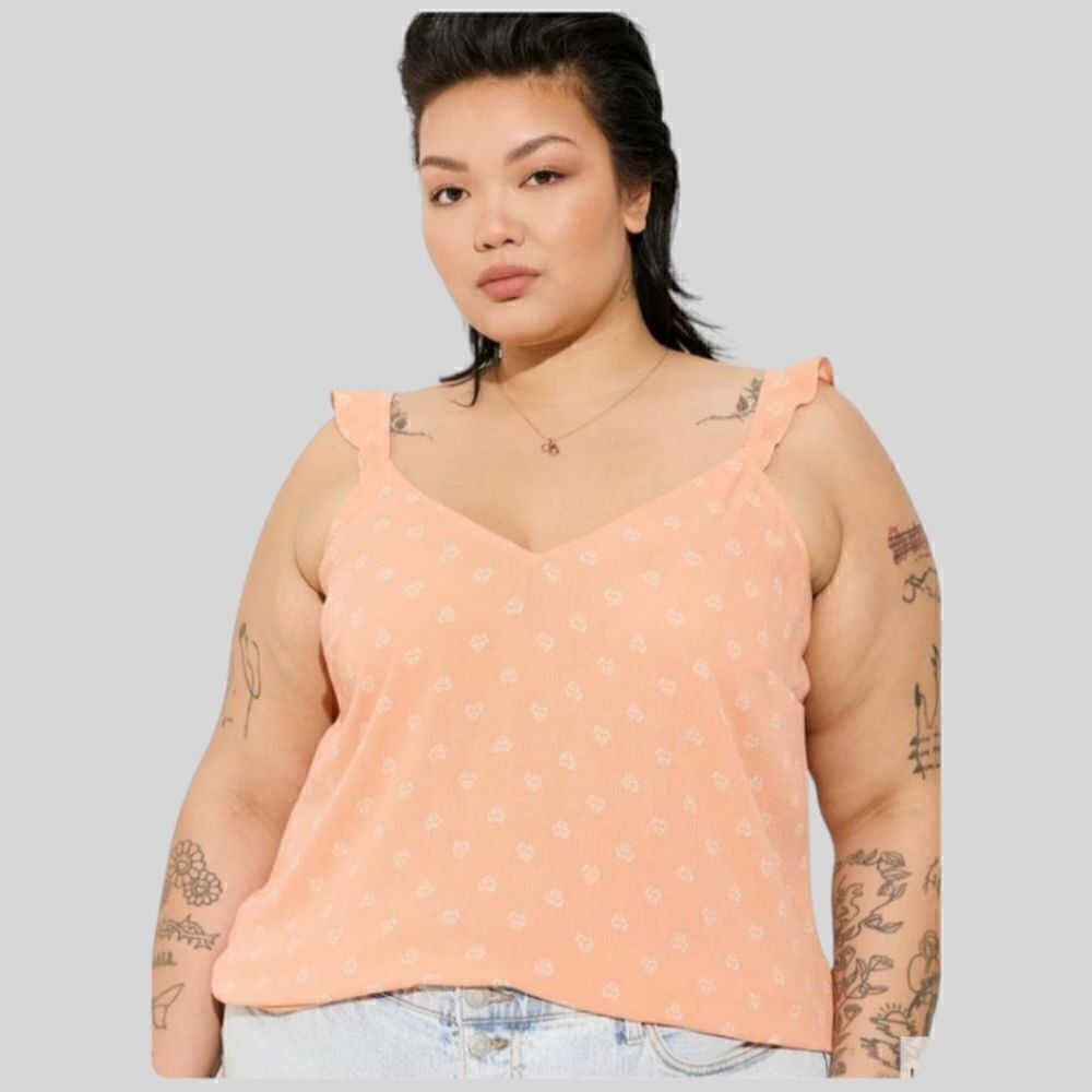 6X 30W Torrid Washable Crinkle Guaze Ruffle Strap Tank Orange Ditsy Floral patte